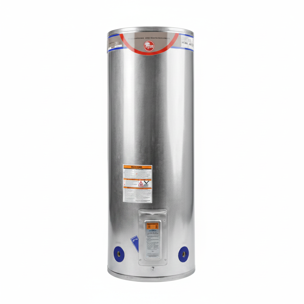 Stainless steel water heater with brand logo on a white background
