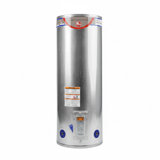 Stainless steel water heater with brand logo on a white background