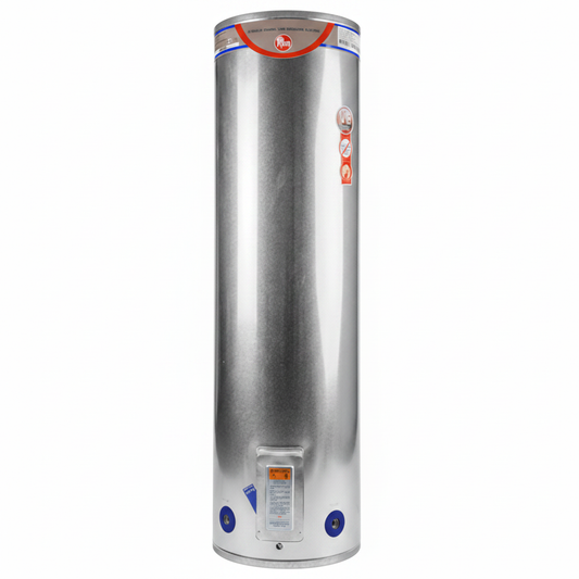 Stainless steel water heater with visible brand logo on a white background