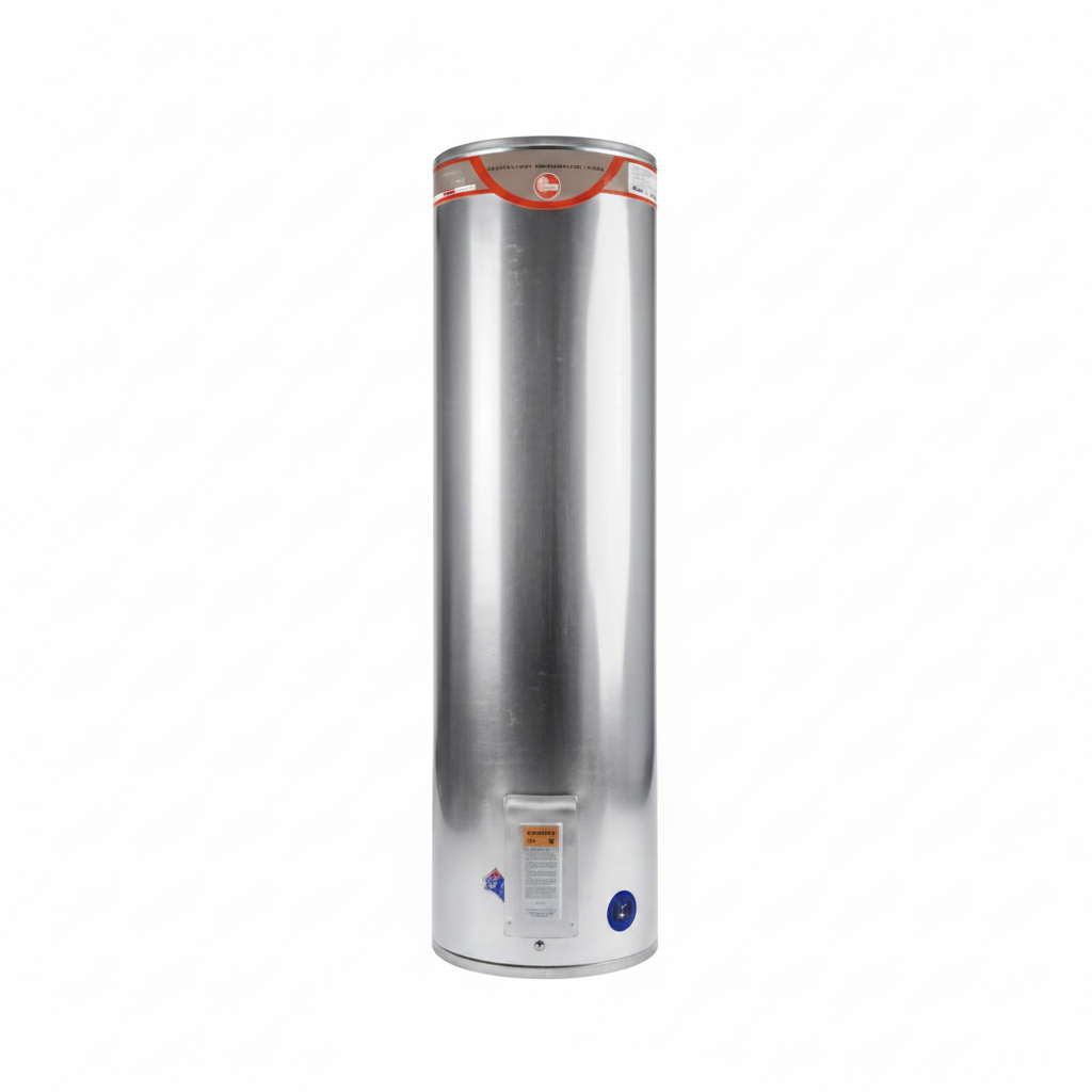 Silver cylindrical water heater on a white background