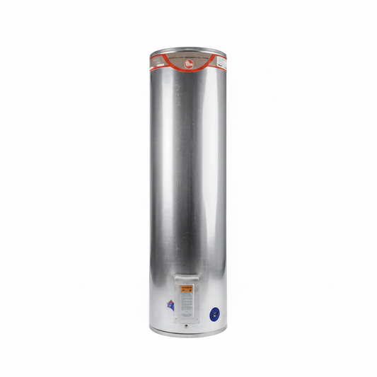 Silver cylindrical water heater on a white background