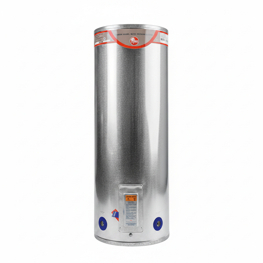 Silver cylindrical water heater with a brand logo on a white background