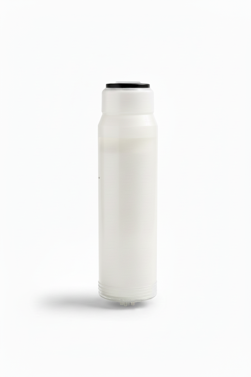 White cylindrical container with black lid on a light gray background