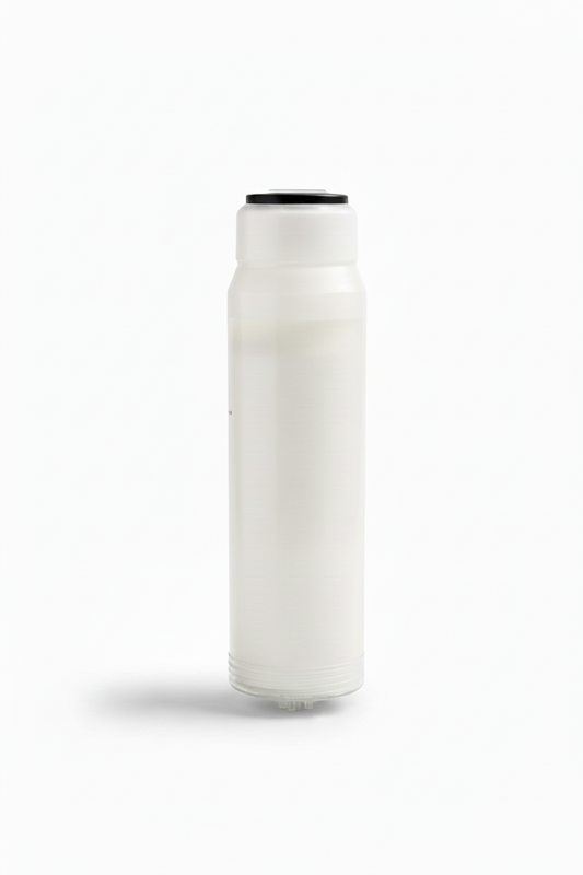 White cylindrical container with black lid on a light gray background