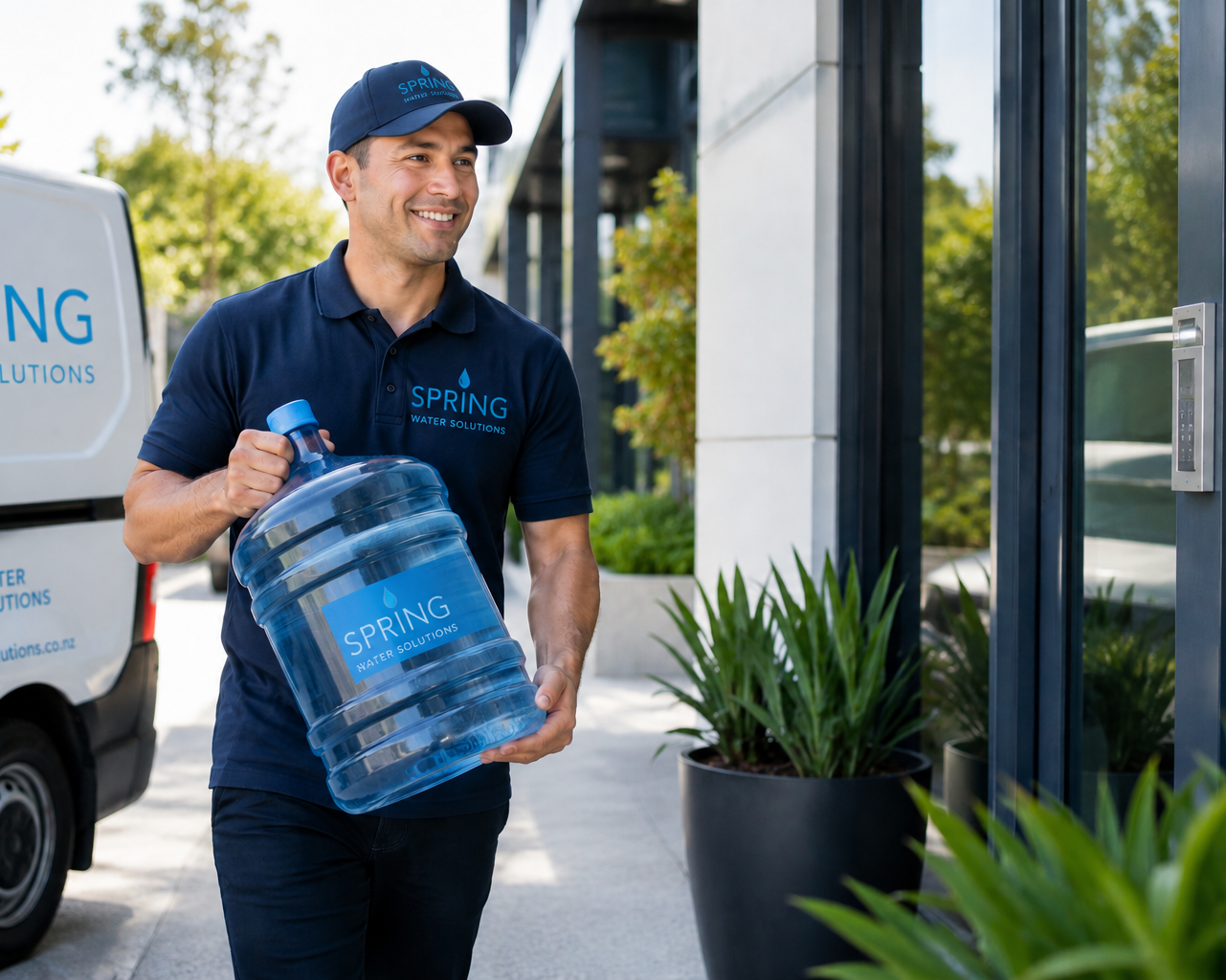 Man holding a water container with Spring Water Solutions branding in front of a van.