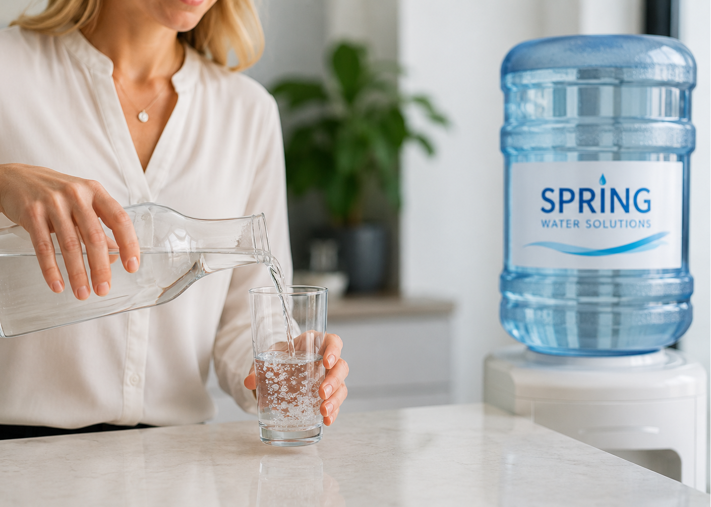 Person pouring water from a clear bottle into a glass next to a blue 'Spring Water Solutions' container.