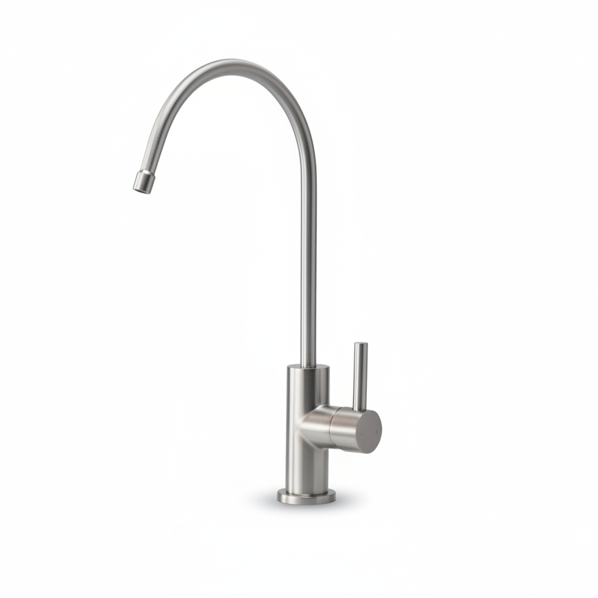 Stainless steel kitchen faucet on a white background