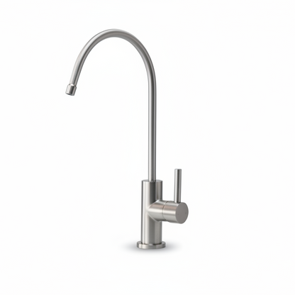 Stainless steel kitchen faucet on a white background