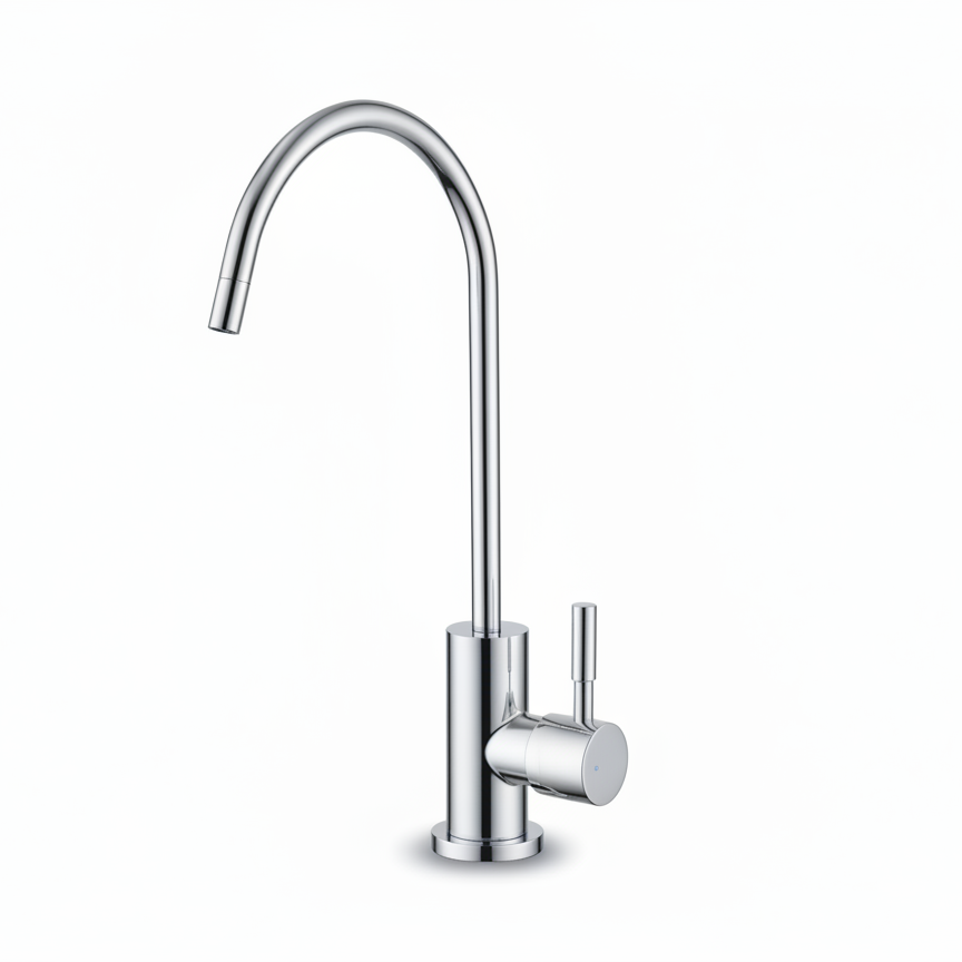 Chrome kitchen faucet on a white background
