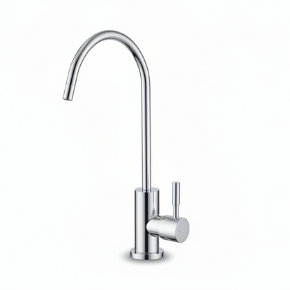 Chrome kitchen faucet on a white background