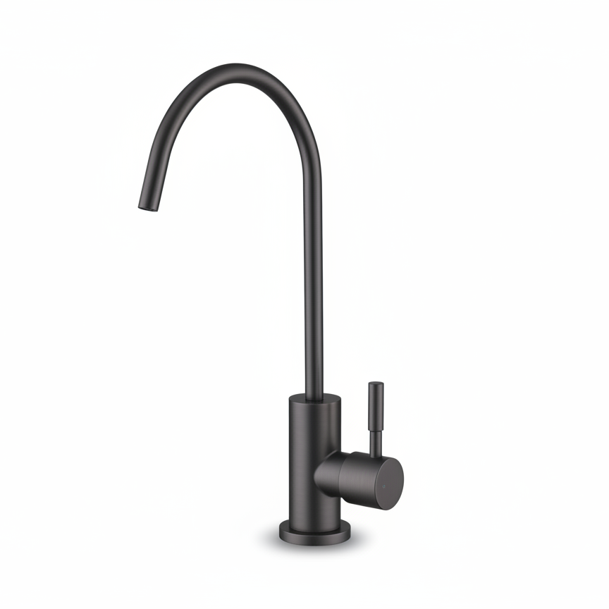 Black kitchen faucet on a white background