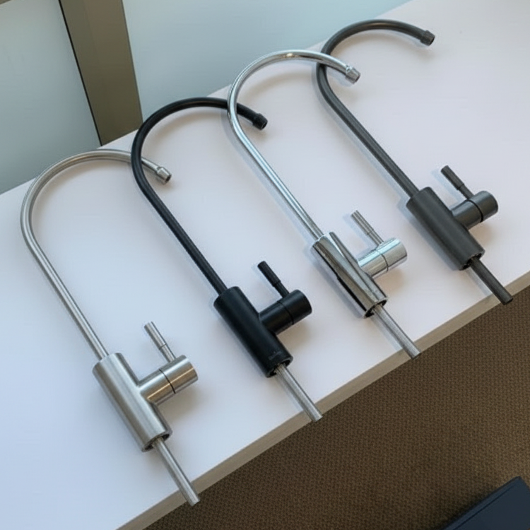 Three kitchen faucets on a white surface with a box in the background.