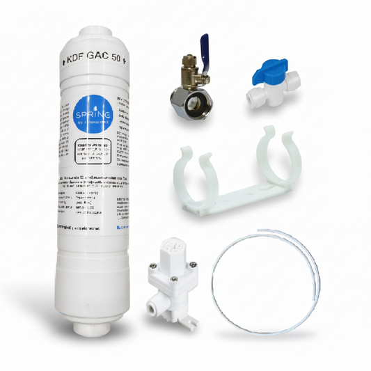 Set of water filtration components including a cartridge, valve, and bracket on a white background.