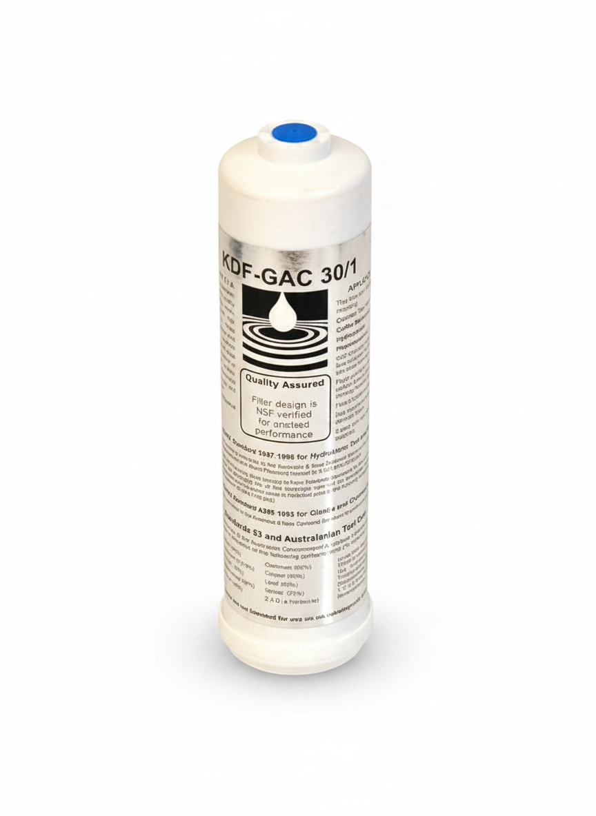 White cylindrical water filter cartridge with label on a white background