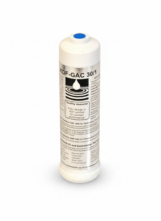White cylindrical water filter cartridge with label on a white background