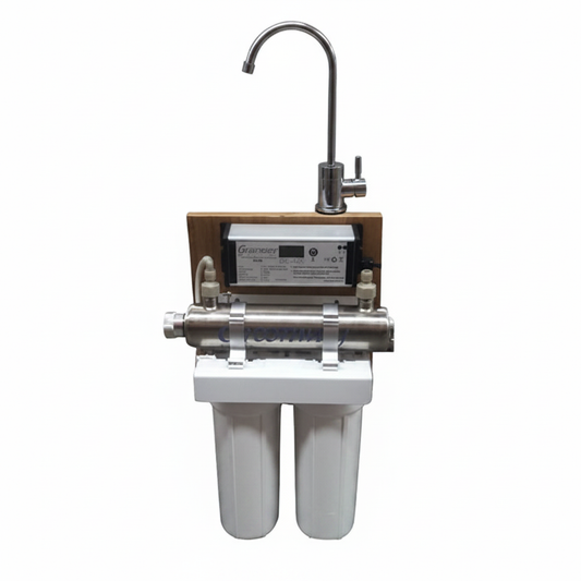 Water filtration system with a digital display on a white background