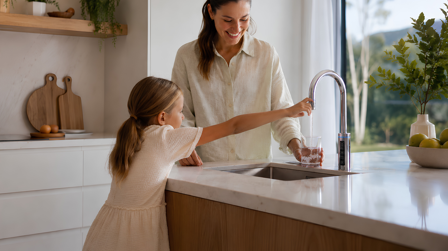 Woman and young girl in a kitchen, with the woman showing the girl how to use the faucet.