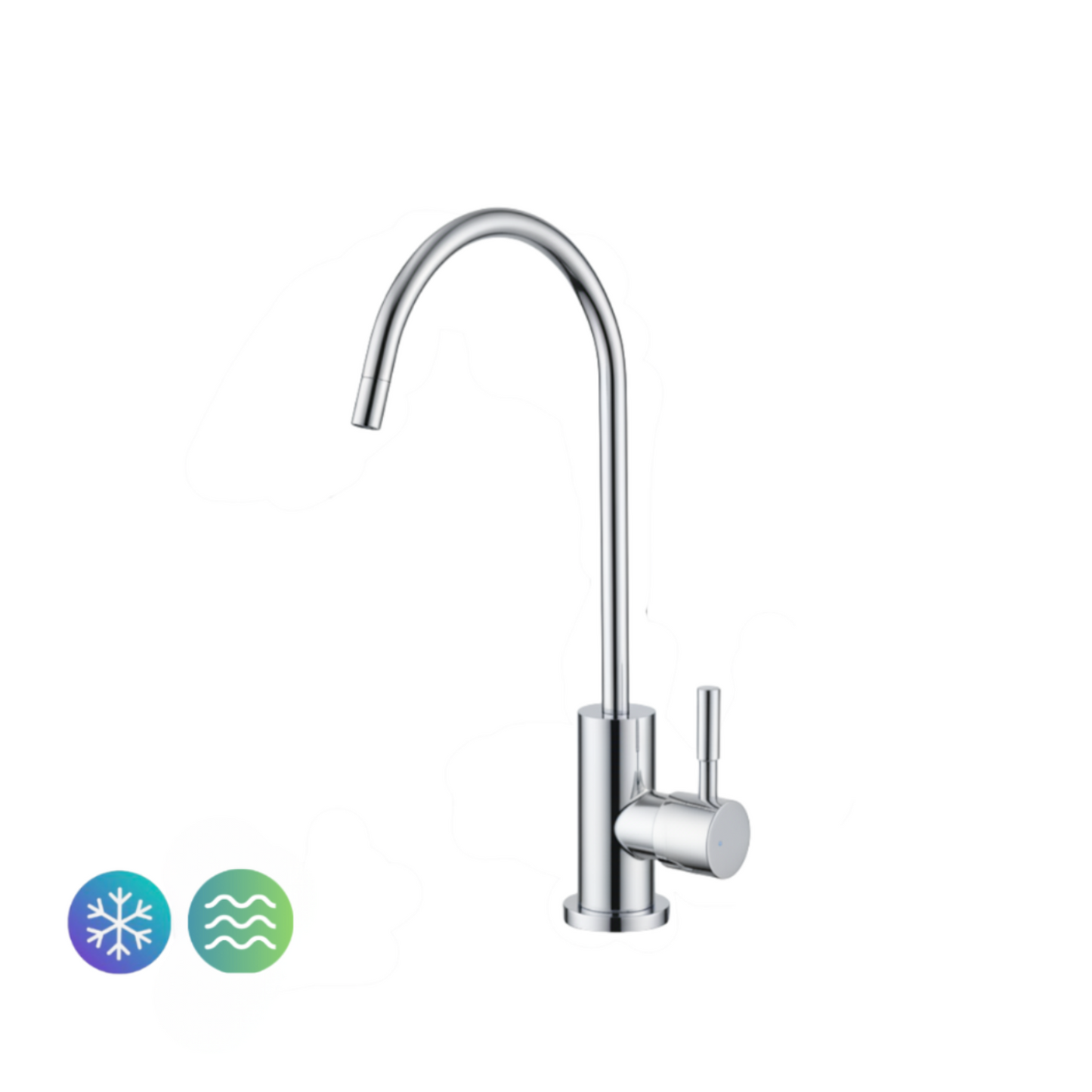 A modern high-arc stainless steel water filter faucet with a single-handle design, shown on a plain white background with two small circular icons indicating cold and warm water output.